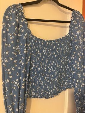 Reformation Light Blue Floral Smocked Puff-Sleeve Crop Top